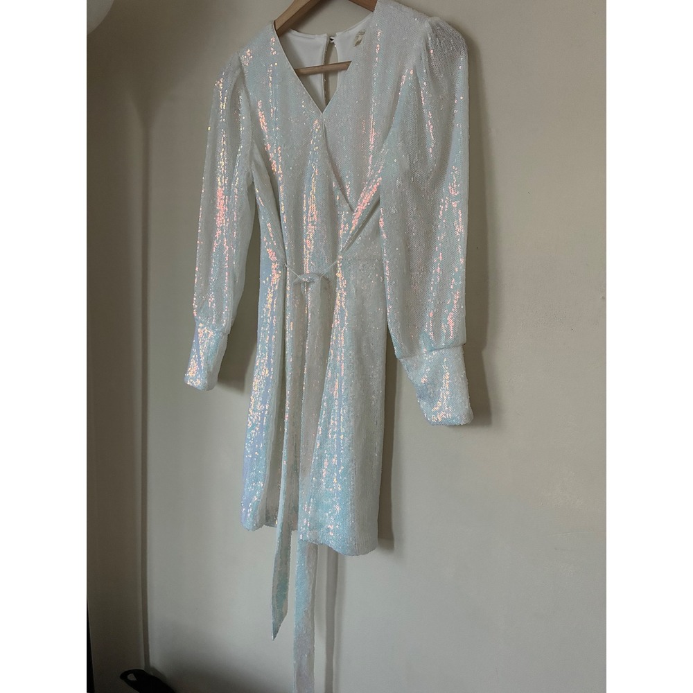 Rewind Women XL White Iridescent Sequin Wrap Mini Dress Long Sleeve Party Bridal